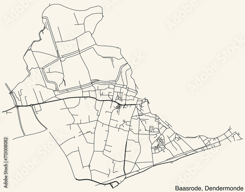 Detailed hand-drawn navigational urban street roads map of the BAASRODE COMMUNITY of the Belgian municipality of DENDERMONDE  Belgium with vivid road lines and name tag on solid background