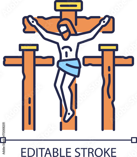 Crucifixion of Jesus RGB color icon. Jesus Christ dying on cross. Good friday. Symbol of faith. Christian religion. Isolated vector illustration. Simple filled line drawing. Editable stroke