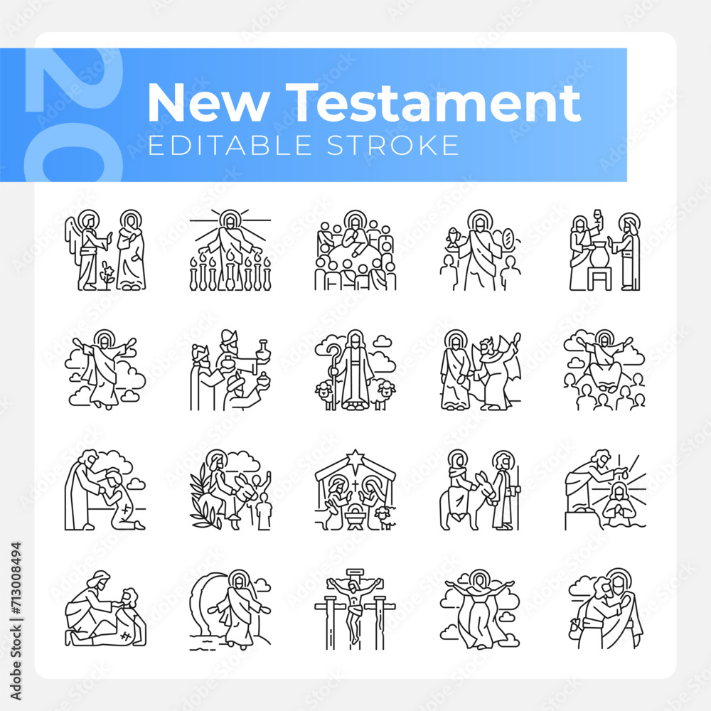 New testament linear icons set. Life of Jesus Christ. Creed christian religion. Faith in God. Holy bible. Customizable thin line symbols. Isolated vector outline illustrations. Editable stroke New testament linear icons set. Life of Jesus Christ. Creed christian religion. Faith in God. Holy bible. Customizable thin line symbols. Isolated vector outline illustrations. Editable stroke