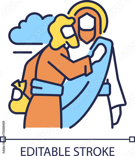 Kiss of Judas RGB color icon. Jesus Christ betrayed by Judas Iscariot. Treacherous disciple. Biblical scene. Isolated vector illustration. Simple filled line drawing. Editable stroke