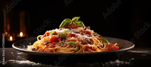 Delectable italian spaghetti pasta on a stylish black plate with a captivating dark background