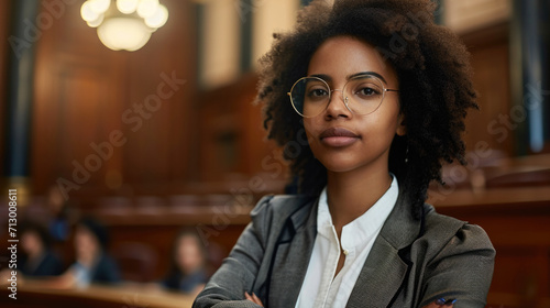 Picture of African American confident lawyer in a courtroom, advocating for justice photo