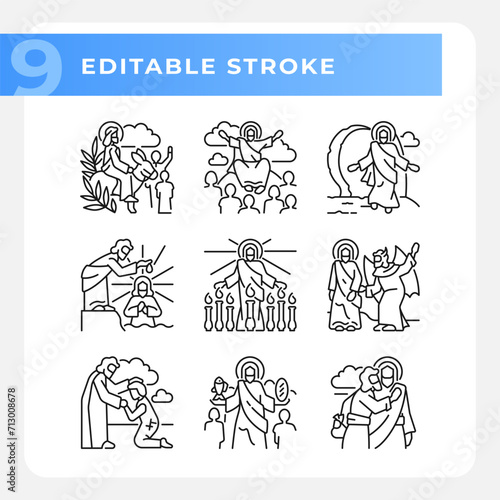 New testament scenes linear icons set. Life and ministry of Jesus Christ. Biblical scenes. Religious miracle. Customizable thin line symbols. Isolated vector outline illustrations. Editable stroke