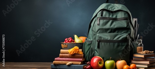 Back to school colorful backpack with books on grey backgroundeducation concept with copy space.