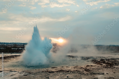 Geysir park erupting in Iceland in winter conditions