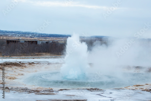 Geysir park erupting in Iceland in winter conditions