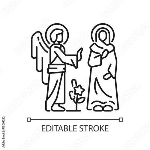 Annunciation linear icon. Virgin Mary with Angel Gabriel. Mary becomes mother of Jesus Christ. Biblical scene. Thin line illustration. Contour symbol. Vector outline drawing. Editable stroke