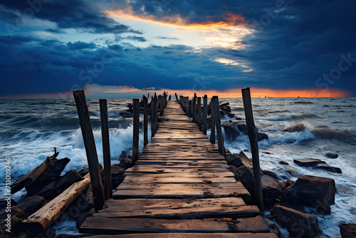 Old wooden pier in the stormy sea at sunset. Generated by artificial intelligence