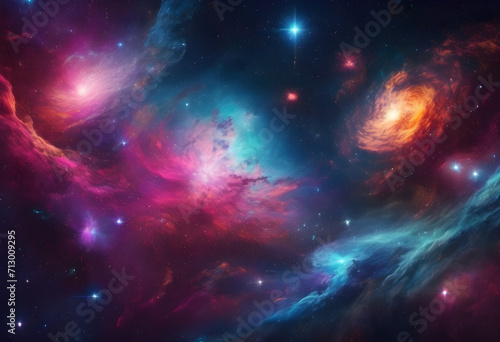 infinite universe with stars and galaxies neon colors on black background