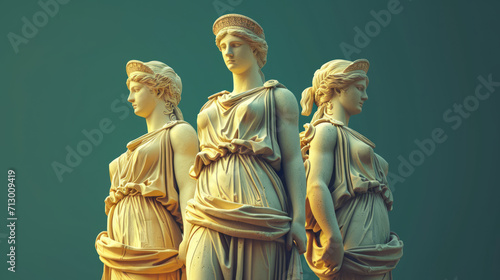 Statue of three ancient greek goddesses on green clean background. photo