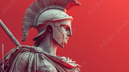 Head in helmet Greek ancient sculpture of warrior, red clean background. photo