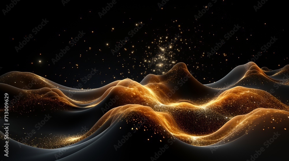 Gold wave of dots and lines on dark cyberspace background technology concept for data and security Gold wave of dots and lines on dark cyberspace background technology concept for data and security