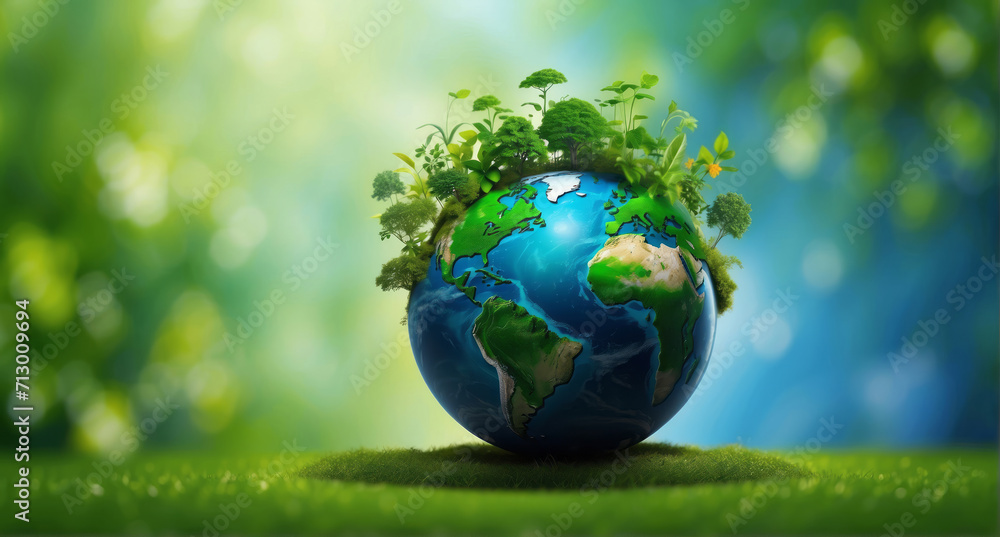 green planet earth, earth with plant and tree grow in green bokeh background banner, earth day wide banner with copy space