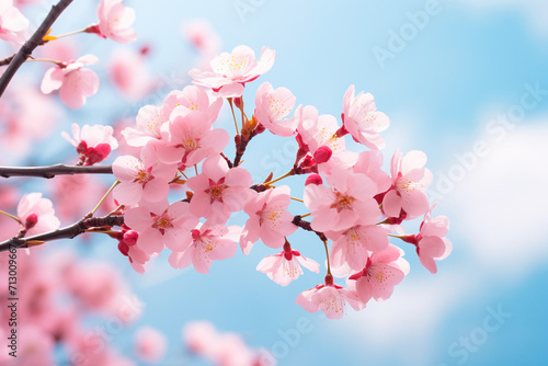 Blooming cherry tree close up against the sky, spring background