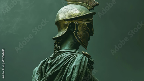 Head in helmet Greek ancient sculpture of warrior, green clean background.