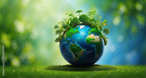 green planet earth  earth with plant and tree grow in green bokeh background banner  earth day wide banner with copy space