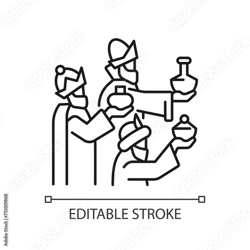Epiphany linear icon. Three wise men with gifts to Jesus. Biblical Magi. New testament. Christian holiday. Thin line illustration. Contour symbol. Vector outline drawing. Editable stroke