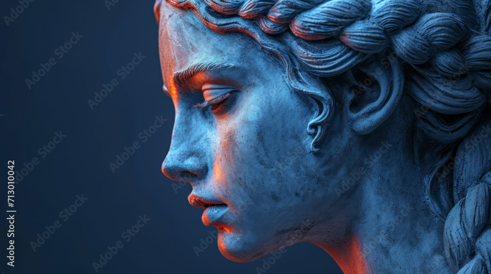 Ancient Greek goddess sculpture on blue background.