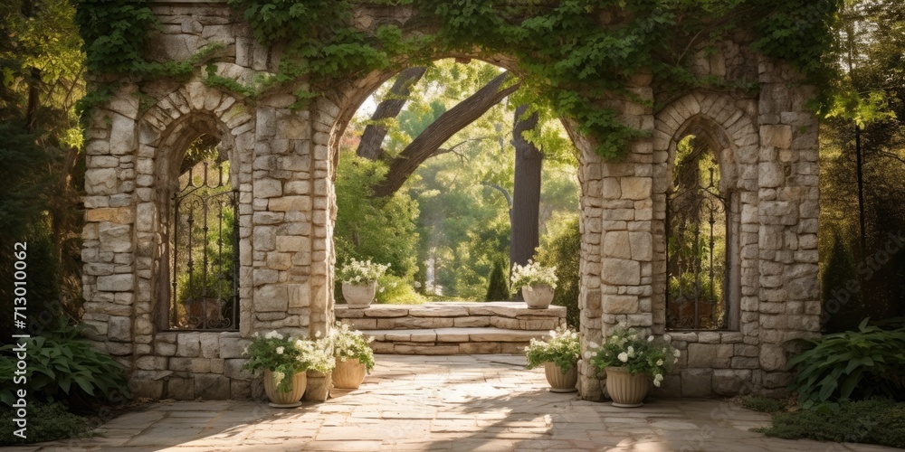 Stone columns, antique gates, and decorative archway frames create architectural portals with an antique feel.