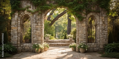 Stone columns, antique gates, and decorative archway frames create architectural portals with an antique feel. photo