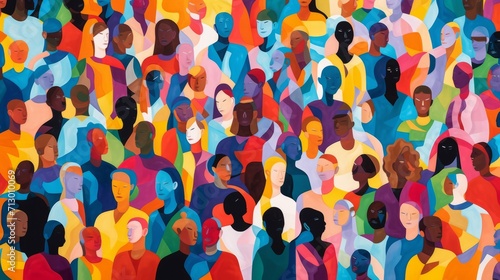 Diverse cultural harmony: vibrant seamless pattern of colorful people crowd in abstract art. Multicultural community background in modern collage painting style


