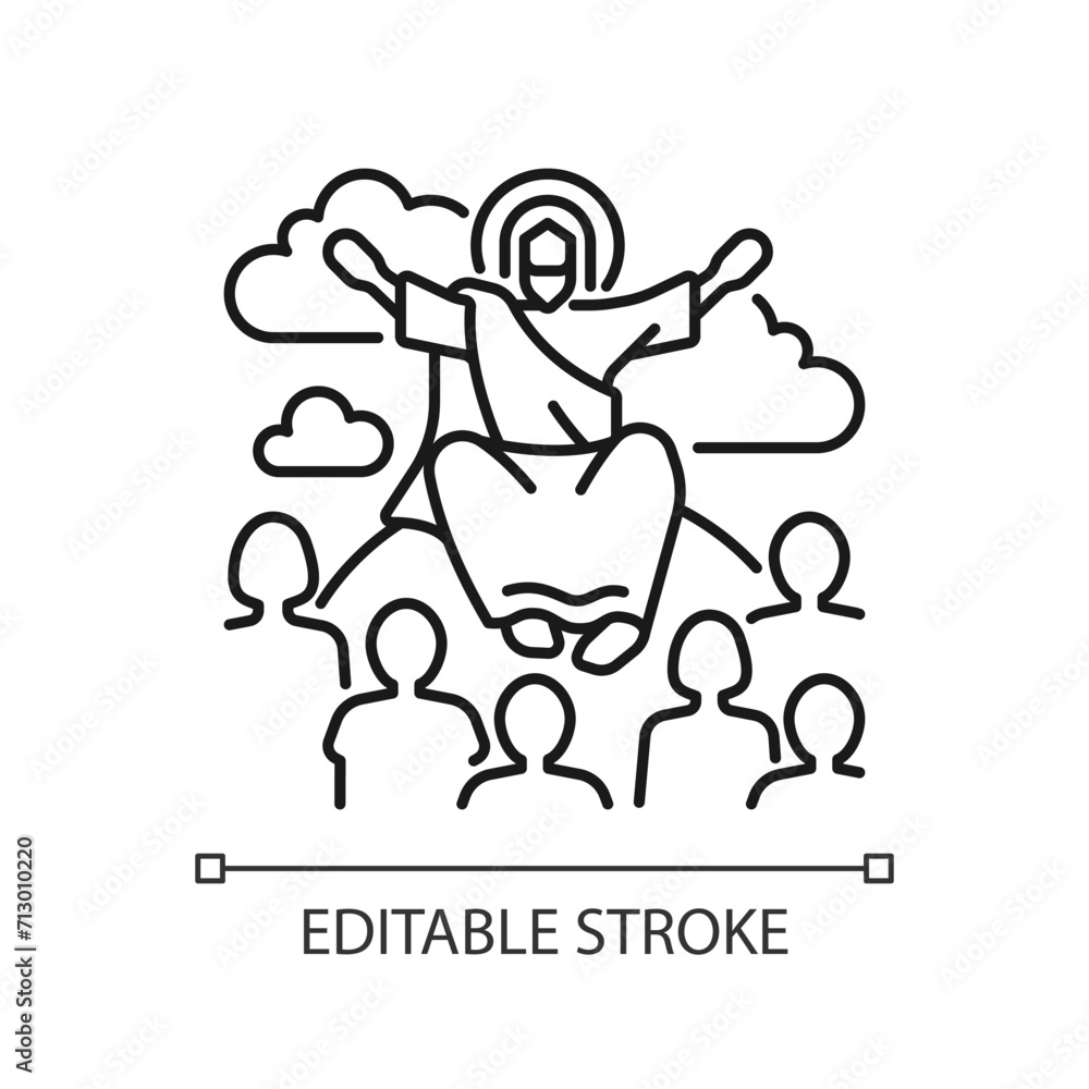 Sermon on mount linear icon. Jesus Christ and disciples. Moral teachings. New testament. Biblical scene. Thin line illustration. Contour symbol. Vector outline drawing. Editable stroke