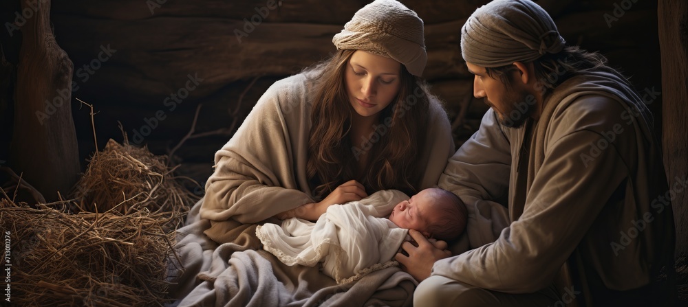 Christmas nativity scene with mary, joseph, and baby jesus in old barn ...