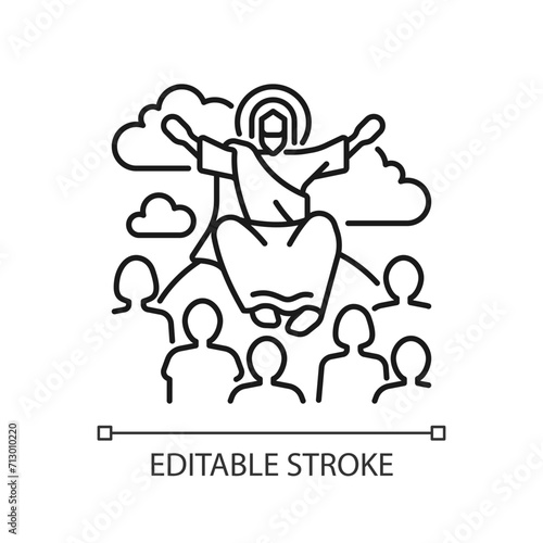 Sermon on mount linear icon. Jesus Christ and disciples. Moral teachings. New testament. Biblical scene. Thin line illustration. Contour symbol. Vector outline drawing. Editable stroke