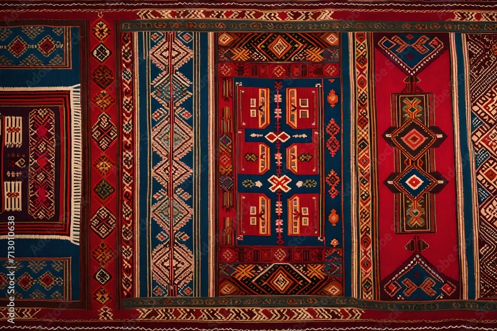 A display of hand-woven Chiprovtsi Carpets featuring ethnic motifs and rich, vivid colors created using weaving equipment.