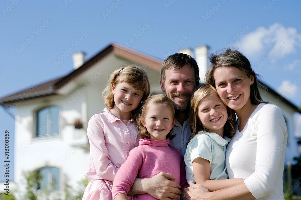 A happy family, standing in front of their new home, against the blue sky. generative AI A happy family, standing in front of their new home, against the blue sky. generative AI