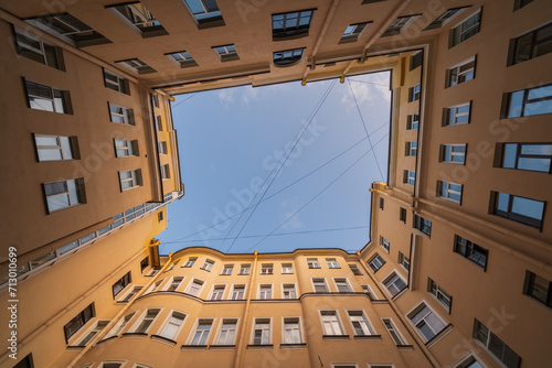 View up into the sky from the courtyard-well in St. Petersburg , Russia.