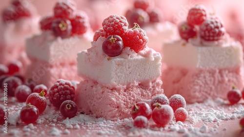 Experience the delectable allure of pink berry homemade marshmallow in a close-up shot. This zefir dessert is enhanced with a red currant mousse, creating a mouthwatering display against a pink pastel