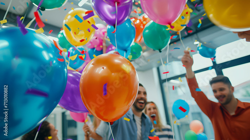 Vibrant Film Photography of Office Celebration with Balloons and Decorations