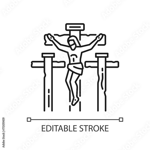 Crucifixion of Jesus linear icon. Jesus Christ dying on cross. Good friday. Symbol of faith. Christian religion. Thin line illustration. Contour symbol. Vector outline drawing. Editable stroke
