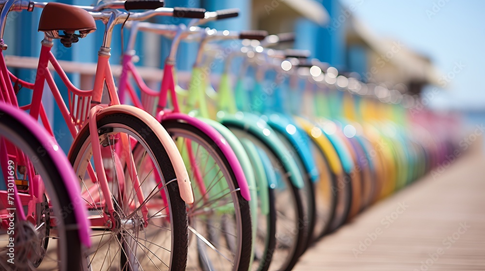 Vibrant array of bicycles lined up at outdoor bike rack   cycling haven