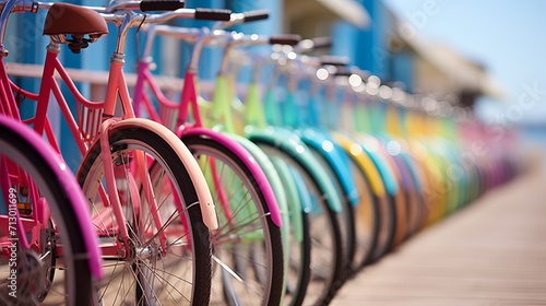 Vibrant array of bicycles lined up at outdoor bike rack   cycling haven