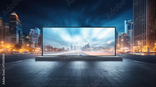 outdoor TV screen, LED panel displays a modern city in motion
