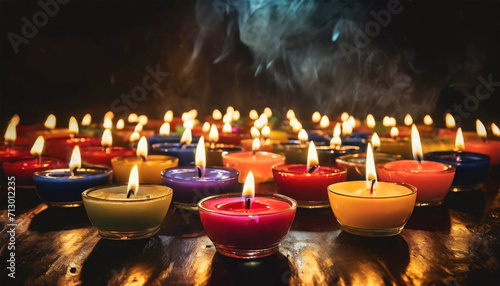 Bottom view of a large large group of multicolored votive candles in a dark background, tealights. Concept of prayer and meditation. Generative Ai.