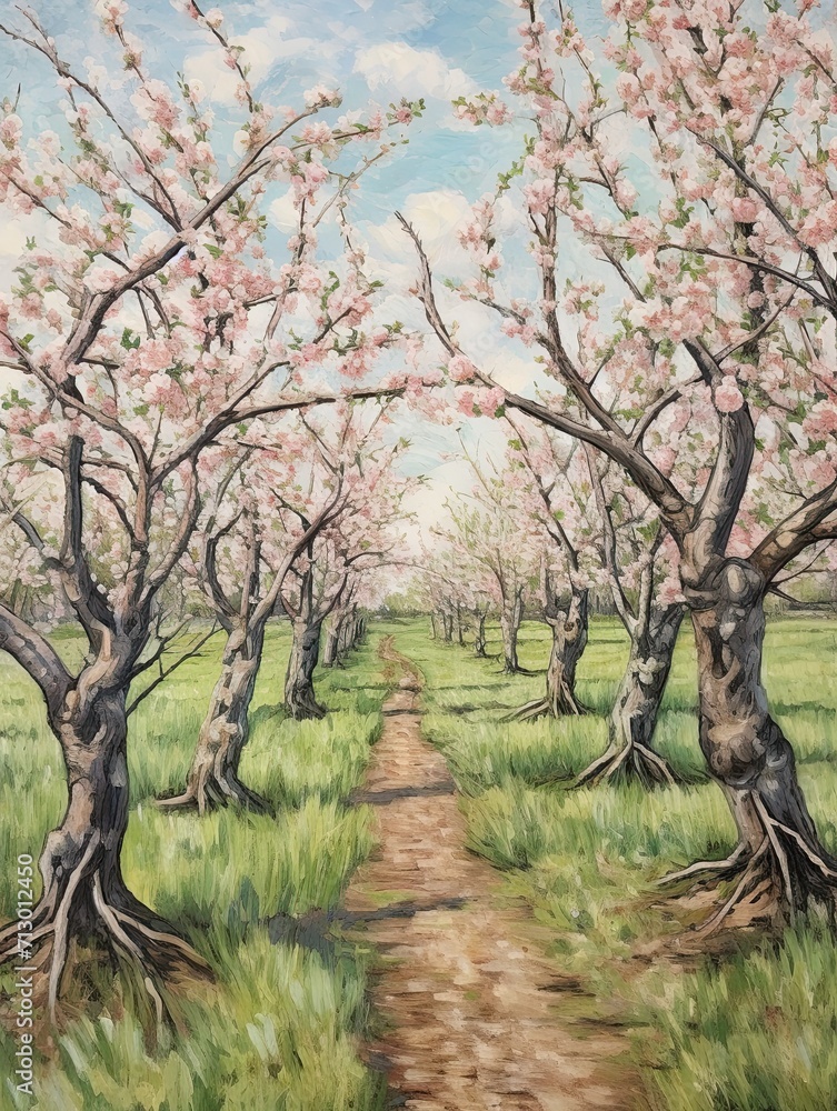 Orchard Blooms: A Serene Springtime Art Print for Farmhouse Decor