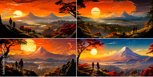 Stylized drawing of a young couple talking against the backdrop of a volcano. Dynamic composition adds energy and excitement to the piece. The painted style gives the product a unique look.