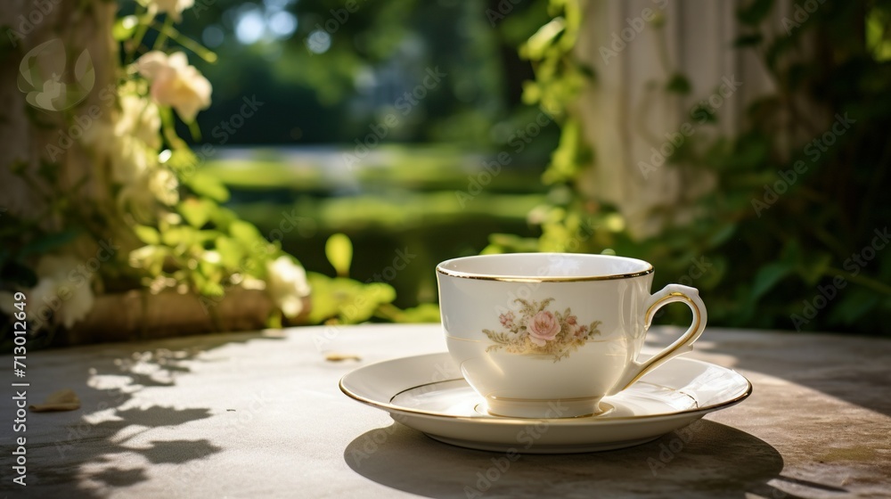 A marble tea cup and saucer placed on a pedestal, with a blurred garden scene as the backdrop A marble tea cup and saucer placed on a pedestal, with a blurred garden scene as the backdrop
