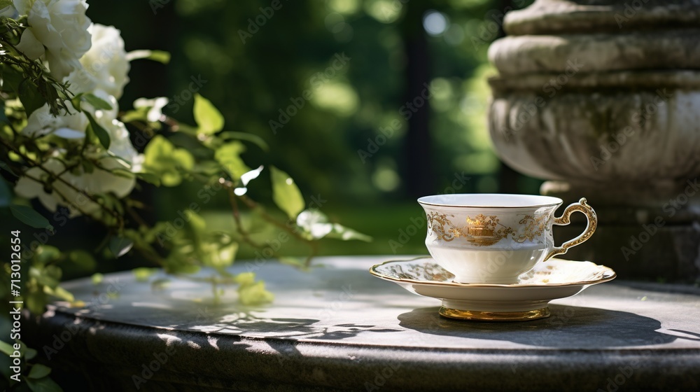 A marble tea cup and saucer placed on a pedestal, with a blurred garden scene as the backdrop A marble tea cup and saucer placed on a pedestal, with a blurred garden scene as the backdrop
