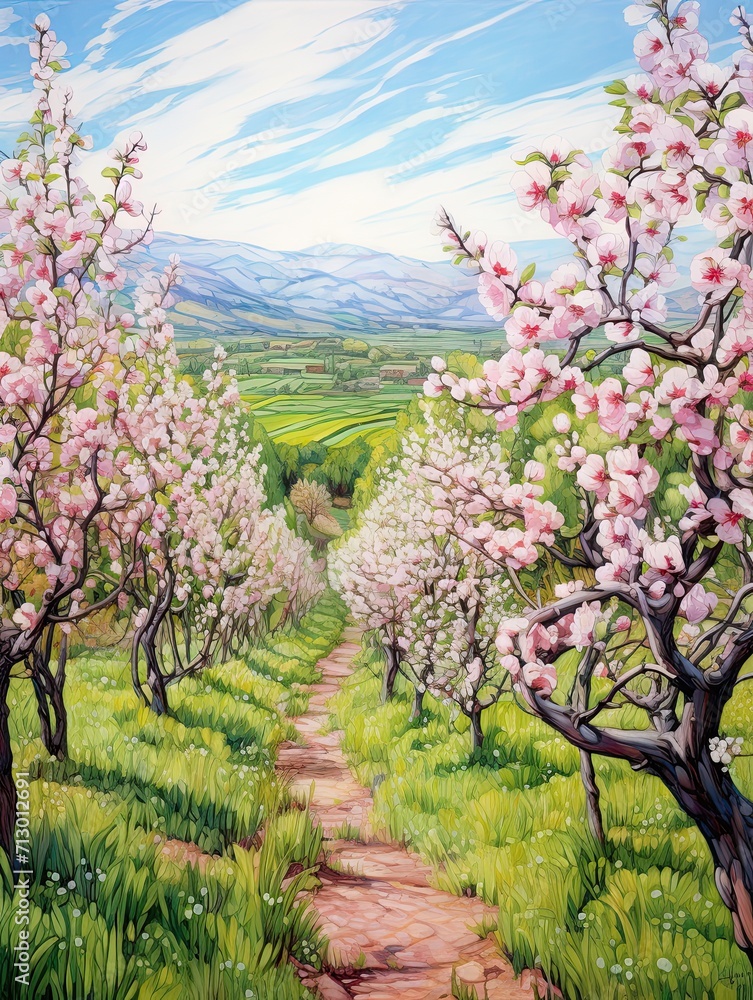 Blossoming Springtime Orchards: Field Painting Celebrating Nature's Nuances