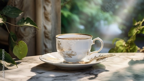 A marble tea cup and saucer placed on a pedestal, with a blurred garden scene as the backdrop