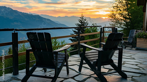 Black wooden chairs on cabin terrace with mountain view at sunset. Ai Generative