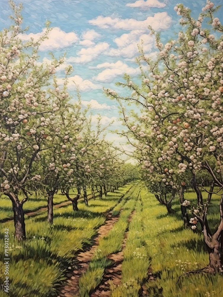 Blossoming Springtime Orchards: Vintage Orchards Painting for Wall Decor