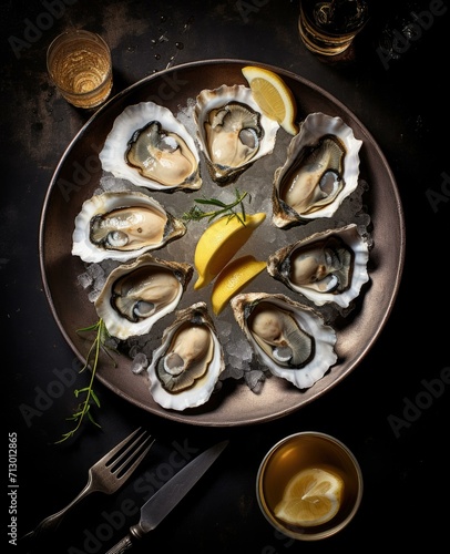A plate of fresh oysters on ice, garnished with lemon and rosemary. Generative AI.