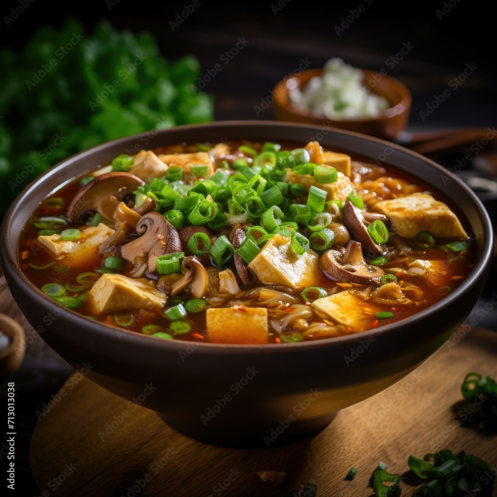 A delectable bowl of Chinese tofu and mushroom soup, with a spicy, tangy broth, garnished with green onions and cilantro. Generative AI. A delectable bowl of Chinese tofu and mushroom soup, with a spicy, tangy broth, garnished with green onions and cilantro. Generative AI.