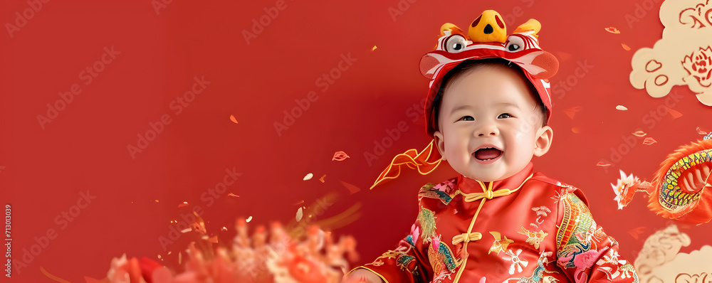 Fototapeta premium Cute Asian baby in Chinese traditional dress. Happy Chinese new year concept.