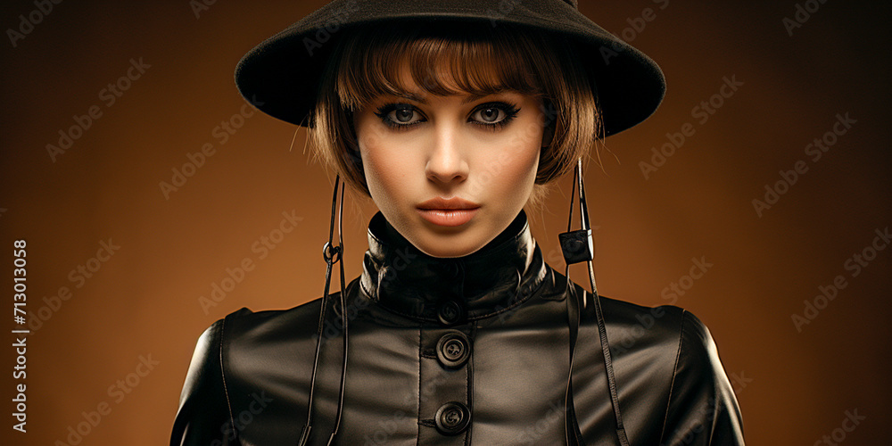 Girl with a tabloid style and punk aesthetic Carpet inspired fashion and accessories Glamorous looks in brown and black color schemes - obrazy, fototapety, plakaty 